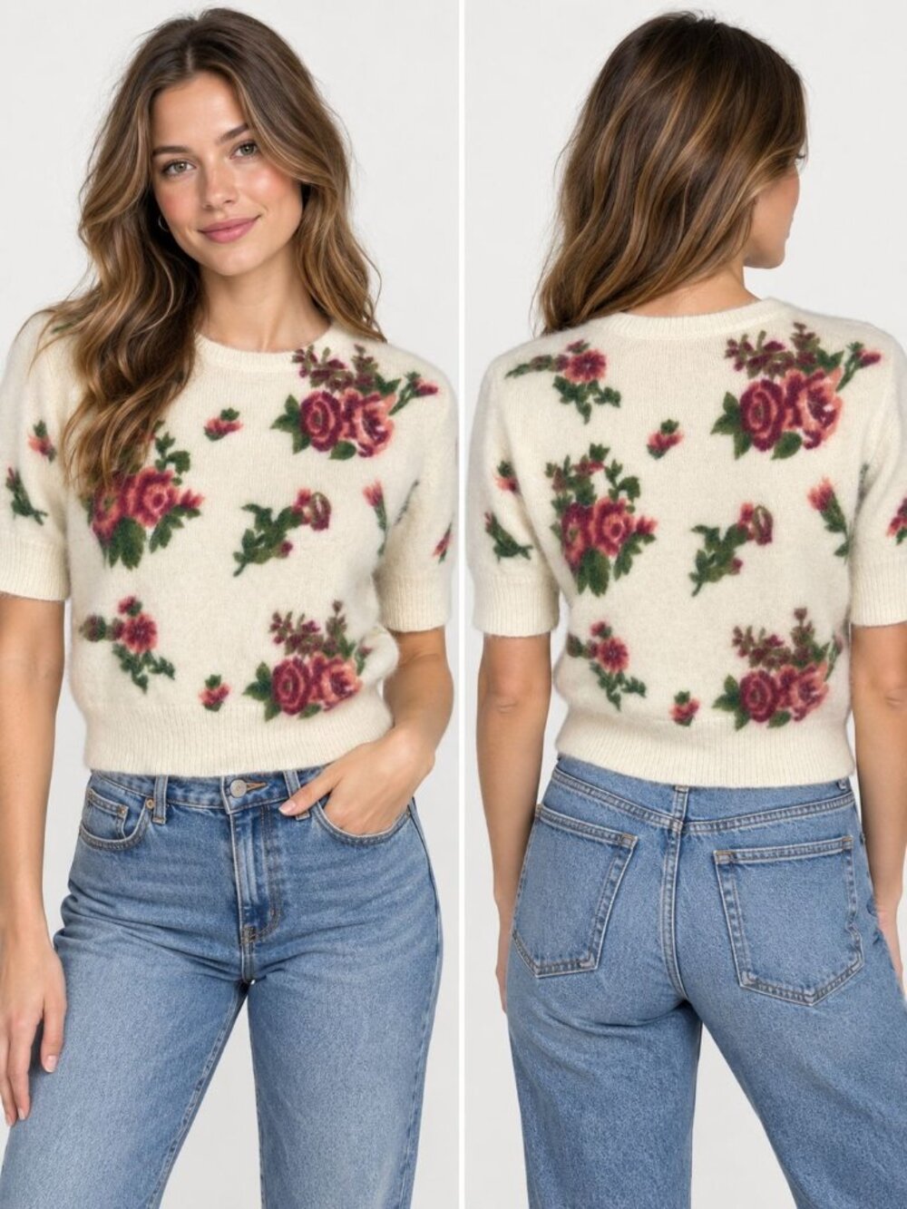Vintage 90s Express Tricot Angora Wool Floral Sweater Women’s L Rose Short Sleev